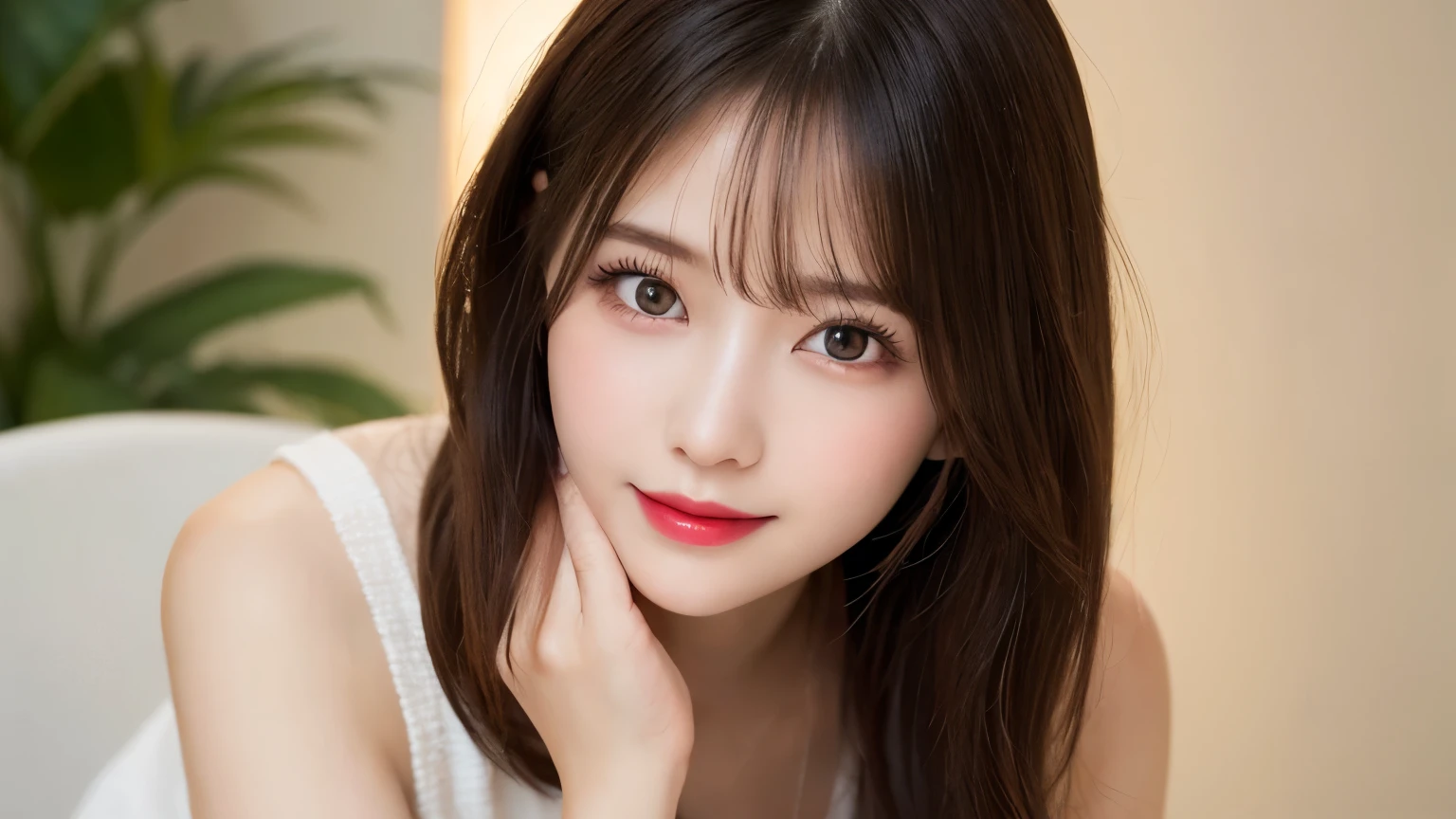 on the table, best quality, shape, Ultra Detailed, Finely, high resolution, 8k wallpaper, 完璧なダイナミックな構shape, Beautiful and delicate eyes, Medium Length Hair, Small Breasts, Natural lipstick, Casual sexy pose,Smile,20 year old girl、midnight、Beautiful and detailed face、Perfect beautiful face,big eyes、original photo、Use the whole body to express the feminine posture、Beautiful and delicate eyes、Small face、Beautiful duplex、Facelift and style,skirt、Beautiful golden ratio face,Long hair