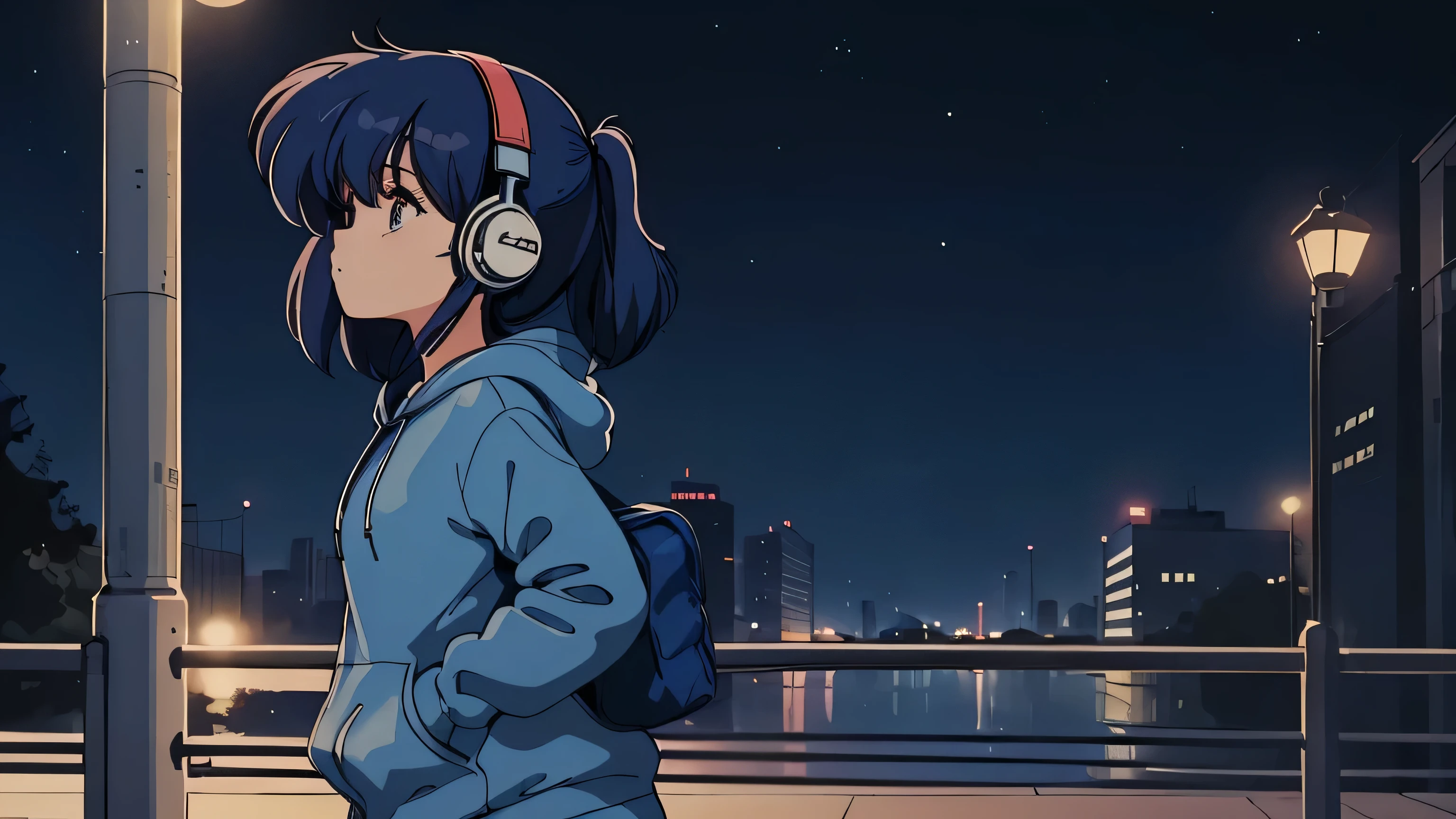 (90s anime),(city pop),(Ghibli),(ultra-detailed,master piece,best quality,high resolution,perfect eyes,perfect hands,ultra-detailed eyes,perfect fingers),(A girl wearing a blue hoodie, blue pants, and headphones is walking alone in the park at night.), (expressionless girl),(the girl doesn't look this way),(profile)
