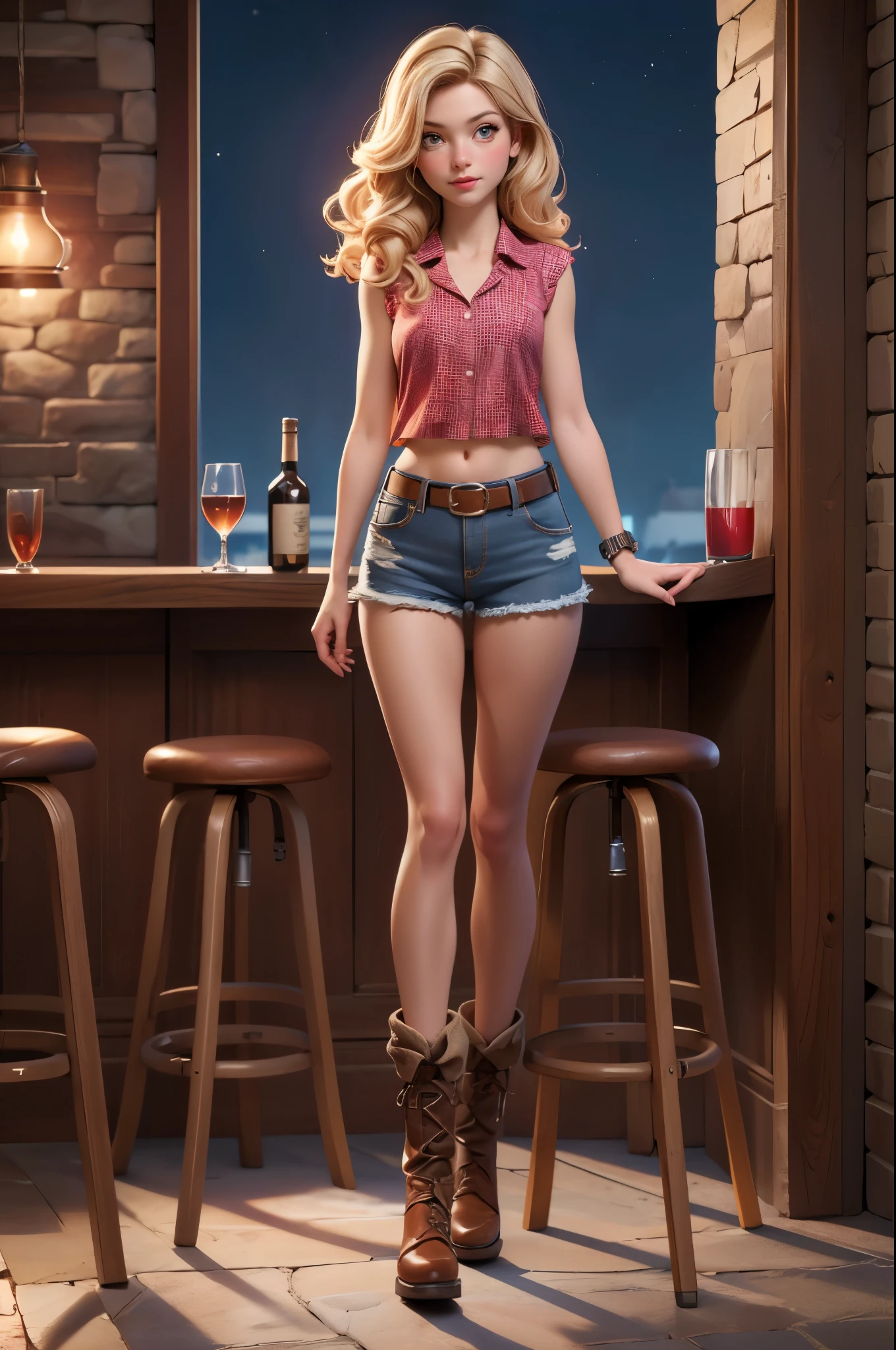 ((Full Body Shot)),16k cg wallpaper, 16k Ultra HD, 8k cg wallpaper, 8k Ultra HD, Photo),((highest quality, Highest Resolution, Award-winning portraits, Official Art)), ((A perfect masterpiece)), ((Realistic)) Ultra-high definition photography, Very detailed, Woman with beautiful face, (((Drunk face))),blonde,((Precision watch on your wrist)),Cowgirl Costume,Red sleeveless shirt,Denim shorts, belt,カウガールbelt,Brown short boots,Long legs, (Navel exposed), Night Bar, nice warm colors, Head to Toe, Full Body Shot, Clean hands, Perfect Fingers, Medium chest, Curvaceous figure, Watching the audience