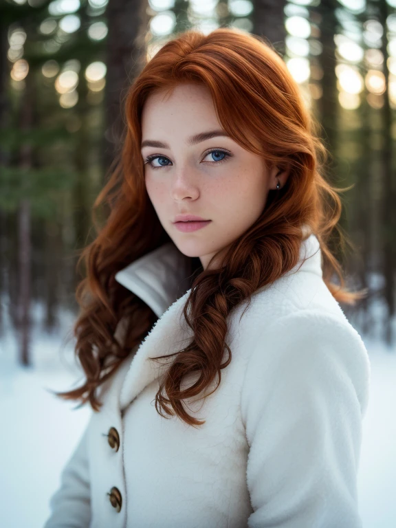 close up of a european woman, ginger hair, winter forest, natural skin texture, 24mm, 4k textures, soft cinematic light, RAW photo, photorealism, photorealistic, intricate, elegant, highly detailed, sharp focus, ((((cinematic look)))), soothing tones, insane details, intricate details, hyperdetailed, low contrast, soft cinematic light, dim colors, exposure blend, hdr, faded