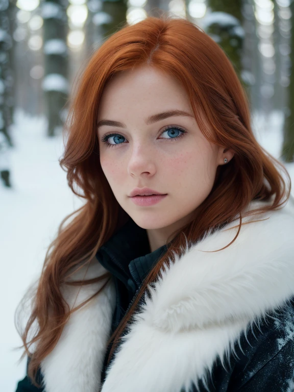 close up of a european woman, ginger hair, winter forest, natural skin texture, 24mm, 4k textures, soft cinematic light, RAW photo, photorealism, photorealistic, intricate, elegant, highly detailed, sharp focus, ((((cinematic look)))), soothing tones, insane details, intricate details, hyperdetailed, low contrast, soft cinematic light, dim colors, exposure blend, hdr, faded