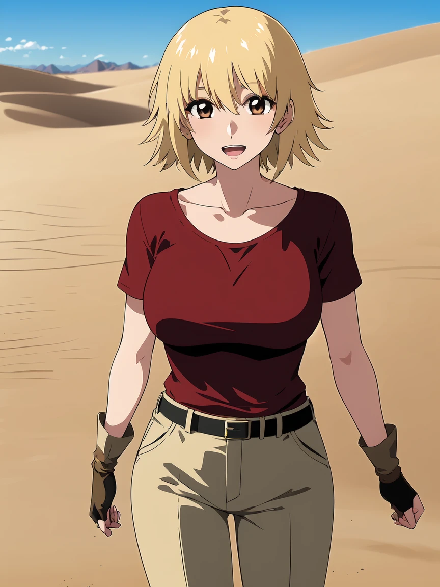 (1girl), (solo), ((masterpiece)), best quality, beautiful, perfect lighting, extremely delicate and beautiful, detailed face, ultra cute face, (high res), ((1girl)), ((solo), ((cowboy shot 1.2)),
Short blonde messy hair, blue eyes, pale skin, serious look, exhausted, sweat, ((thin)), long legs, thigh gap, slender legs, medium breasts, cleavage, perky breasts, ((tan button up shirt)), (khaki shorts 1.2), explorers outfit, leather belt,
walking, desert, pyramid, Eygpt, in a ruin,