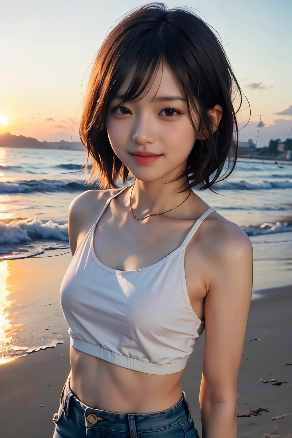 Sea view, Blake Background Only Rock Formation:1.6, Break Foreground only Sandy beach :1.6, evening, sunset, Ocean Waves, Water reflection, Anatomically completely correct:1.6, ((1 Japanese girl)), Very short bob cut:1.2, (Bangs)、blush, Shyly, 17 years old, Open the mouse a little, Showing off slightly swollen lower buttocks from medium ASS,beach shorts, (T-shirt waist length:1.4),(Floral clothes)、 Non-nipples:1.4, Blake Beautiful Ass, Brown Hair, Wet Hair, Hilarious:1.0, smile:1.0, Ecstasy:1.0, [[Puff out your cheeks]], smile、 Dynamic Angle,, whole body, SFW:1.2, break , RAW Photos, Highest quality, masterpiece, Realistic, PhotoRealistic, Highly detailed 8k wallpaper, Beautiful and detailed eyes, Detailed painted face, High key lighting, Professional Lighting, Cinema Lighting, Side Lighting, Bokeh、((One person))、I can see your belly button、