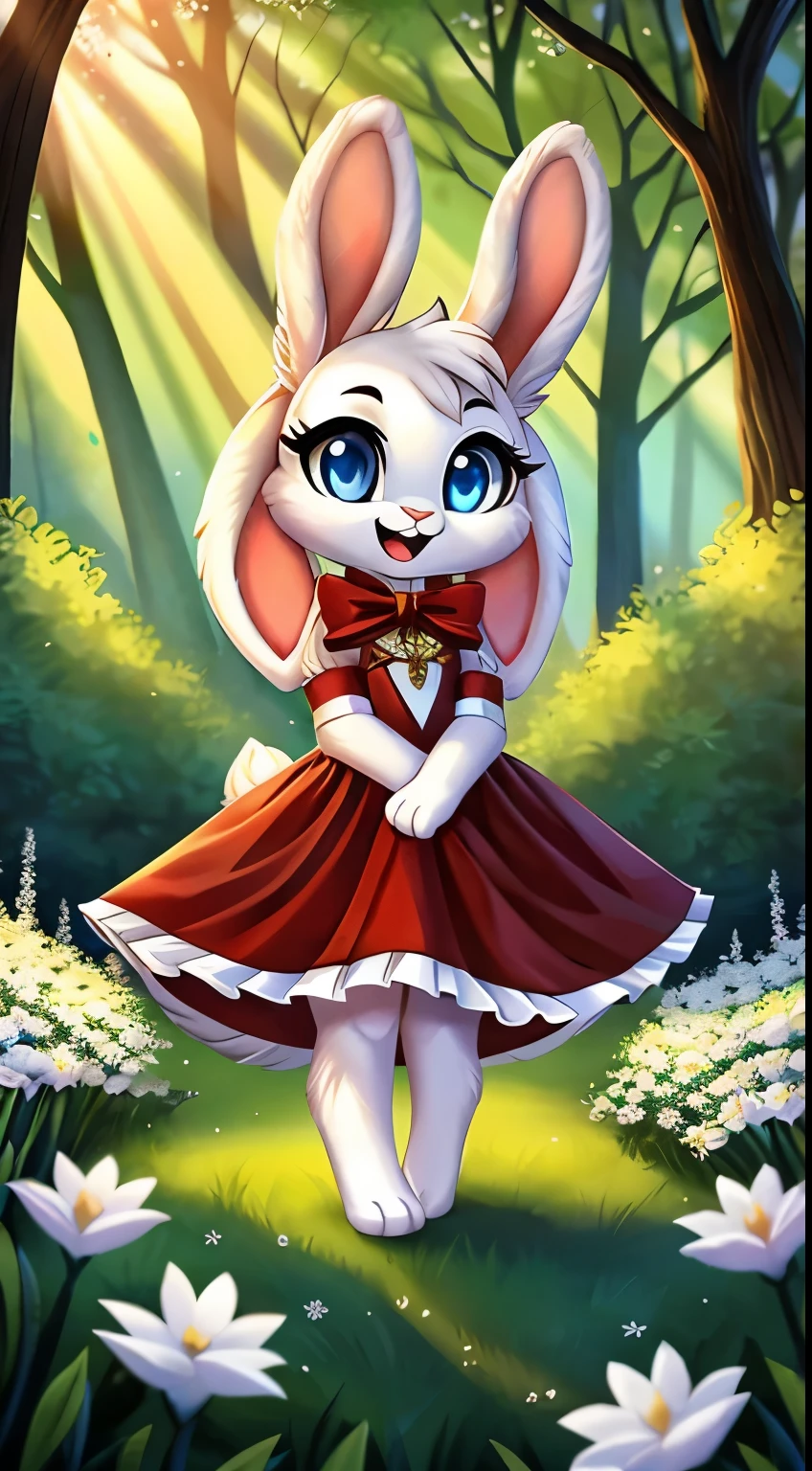 Reduce image, Fantasy style art, Lovely, Lovely, Short characters, small, A little white rabbit with blue eyes,hairy, 4 ears, 2 extra ears, Large, floppy ears, Long ears, Keep your ears open, Keep your ears open, Long eyelashes, Fluffy rabbit tail, Wearing a red ruffled satin dress, Smile, Standing in the forest, A bright smile, open mouth, big eyes, Excited eyes, Excited face, Stunning visuals, Sunlight shines through the trees, White flowers scattered among the bushes, Digital illustration