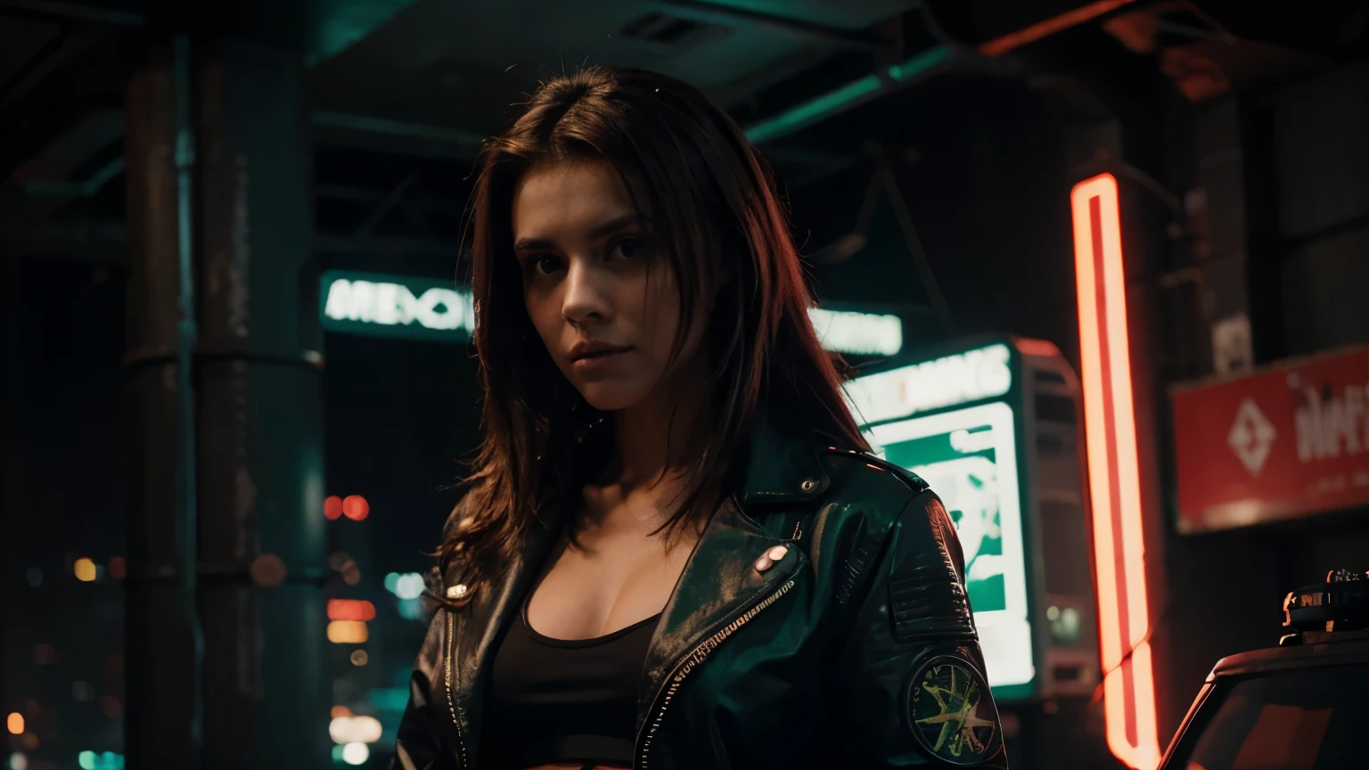 Beautiful breasts, Llevar una chaqueta resistente, Cabello largo, Machine Arms en la escena nocturna cyberpunk, Cyberpunk Red Green backdrop
