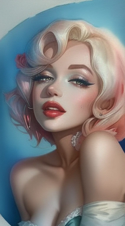 Marilyn Monroe close-up, Off the shoulder , watercolor画スタイル, (Rose) Digital Art, White Background, among the Roses, Official Art, Blowing in the Wind, masterpiece, beautiful, ((watercolor)), Paint splashes, Intricate details. Amazing details, [Dripping:0.7], Trending on Artstation, Rachel Walker