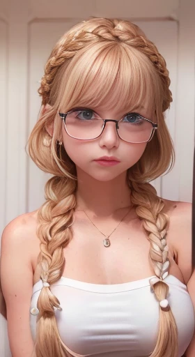 1 Female,Golden Hair, ,((Annoyed expression)),Beautiful ,((White Tube Top T-Shirt,Short skirt)),Stylish,,(Look forward)(((Blushing、Surprised expression)),(((Braid))),((( Upper body portrait)))Frameless Glasses,blue eyes,(((The front hair is even)))(())