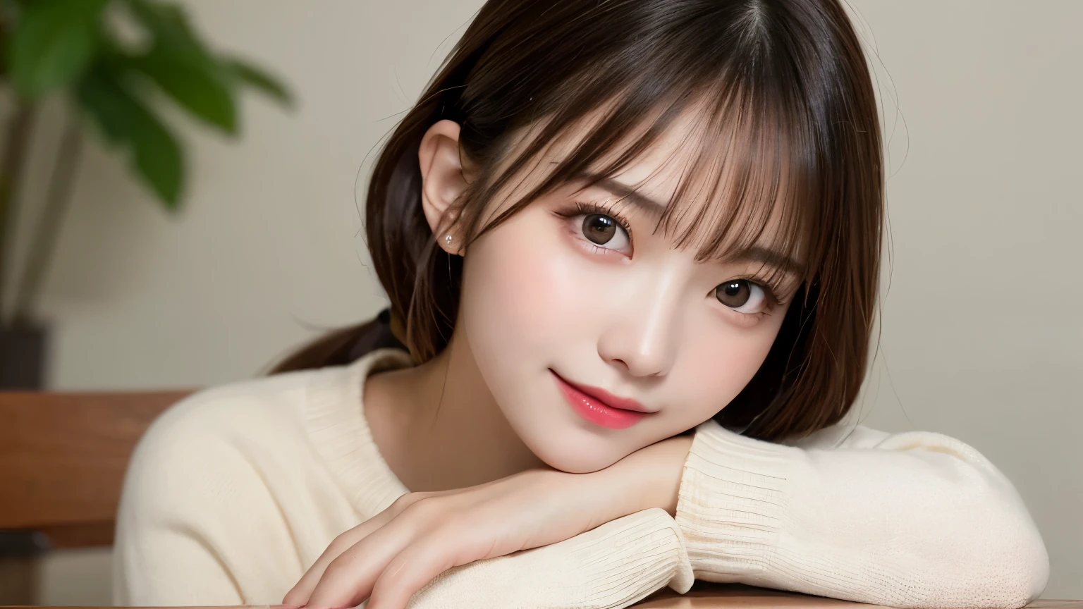 On the table, best quality, shape, Ultra Detailed, Finely, high resolution, 8k wallpaper, 完璧なダイナミックな構shape, Beautiful and delicate eyes, Medium Length Hair, Small Breasts, Natural lipstick, Casual sexy pose,Smile,20 year old girl、midnight、Beautiful and detailed face、Perfect beautiful face,big eyes、original photo、Expressing female posture using the whole body、Beautiful and delicate eyes、Small face、Beautiful duplex、Facelift and style,skirt、Beautiful golden ratio face,Double ponytail hairstyle
