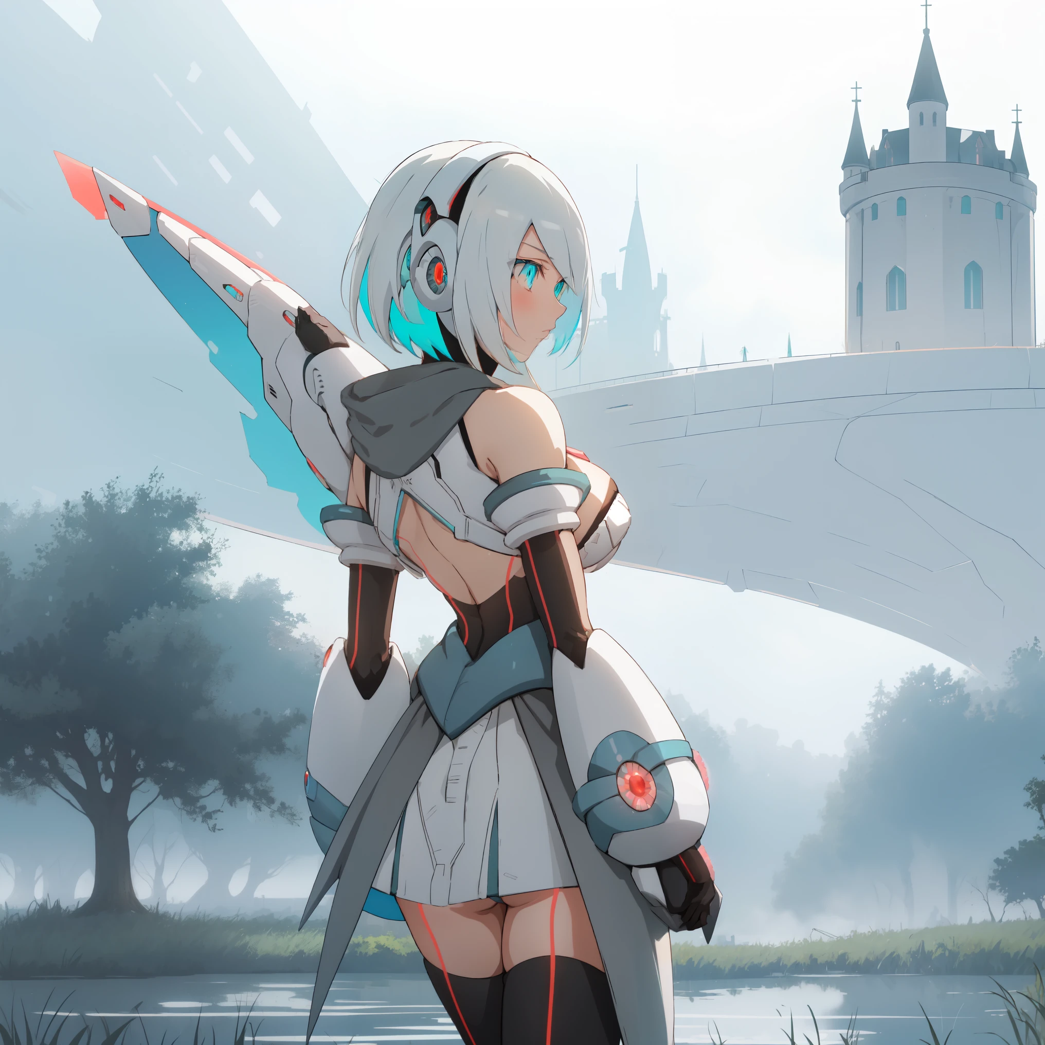 ico_megamanxdive, 1girl, blue eyes, solo, white hair, android, large breasts, black gloves, short hair, thighhighs, necktie, high quality, masterpiece, standing next to a swamp and castle surrounded by mist, outdoors, tree, solo, from behind, bird, facing away, scenery