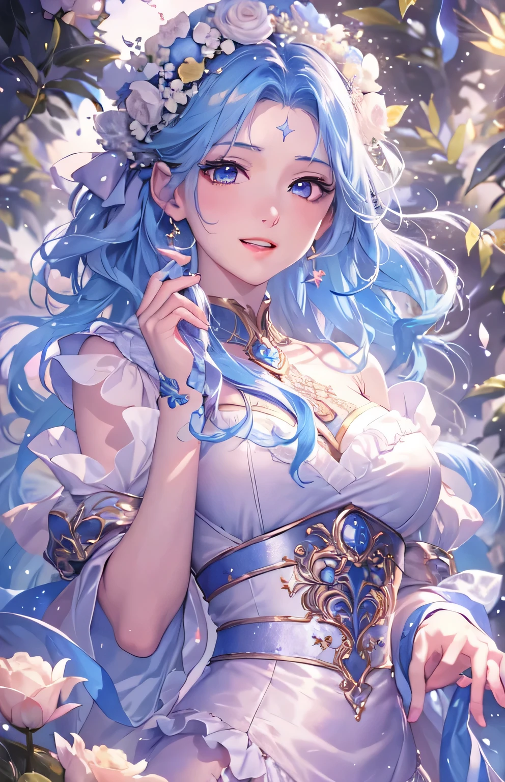 masterpiece、highest quality、High resolution、High-quality images、8k, 1 female、Skin Radiance、Texture of skin and clothing、Expression of fine eyes、Shiny blue hair,Girl with long blue hair, Manga inspired by Lee Jong-suk, Trending on deviantart, realism, detailed manga style, Manga art style, Perfect Line Drawing, Beautiful line art, digital manga art girl, K-POPアイドル, dress, Beautiful blue eyes, Fuller lips, Gorgeous face with attention to detail, (Cute Smile), charm, Innocent, Side view, (Perfectly detailed face), (Beautiful Hands) Photorealistic images, Written boundary depth, Half-up hairstyle, ,Glamorous dress ,cloud,empty,night ,star, garden,Rose,The skin is delicate,