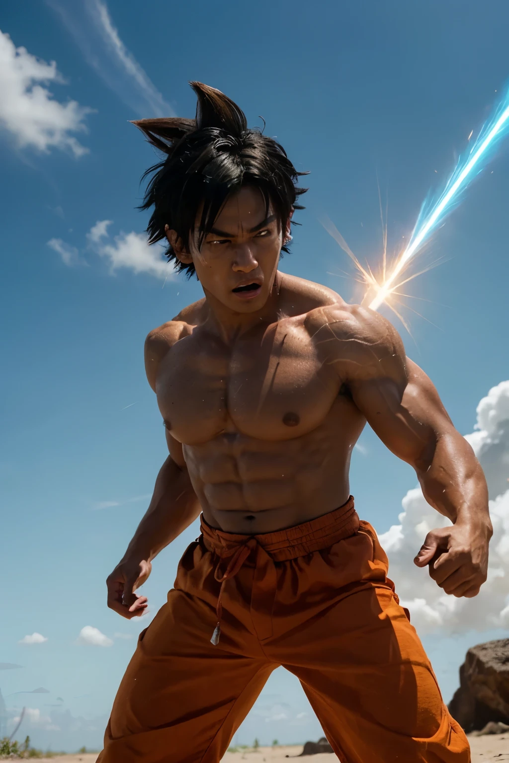 Hyperrealistic cinematic image of the iconic character Goku from Dragon Ball, showcasing his muscular and athletic build at an average height. His messy black hair dances in the wind, framing his intense black eyes that seem to pierce through the viewer. A light tan covers his toned skin, a testament to his battles under the sun. With a serious expression, Goku raises his hands, ready to unleash the power of his Kamehameha wave. The energy wave pulses with an aura of raw power, leaving a trail of radiant light in its wake. The detail is so lifelike, it feels as if Goku himself has stepped out of