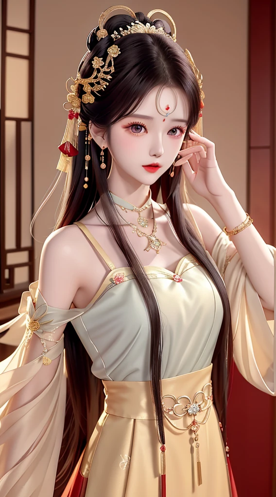 Best quality at best, tmasterpiece, beautiful face, 1girll, Long_Hair, solo, The upper part of the body_Body, Porcelain dress,shift dresses,hair adornments, choker necklace, jewely, long whitr hair, 耳?????? Ring, The best quality of Chinese clothing, tmasterpiece, beautiful face, 1girll, Long_Hair, solo, The upper part of the body_Body, Porcelain dress,shift dresses,hair adornments, choker necklace, jewely, long whitr hair, 耳?????? Ring, Chinese red modified Hanfu