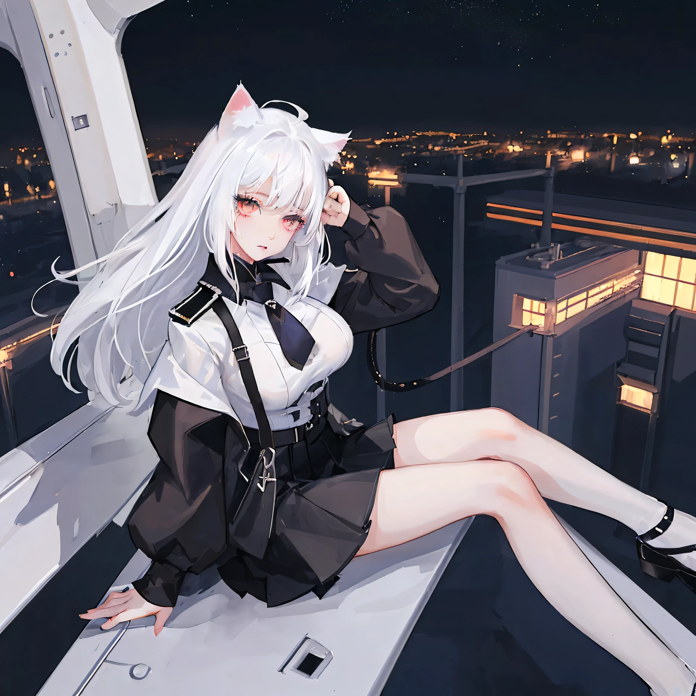 Girl，White hair，Cat ears，Short skirt，White Silk，Big Breasts，cute，Facial details，Sitting on top of a plane，night，The wind blows，In the sky