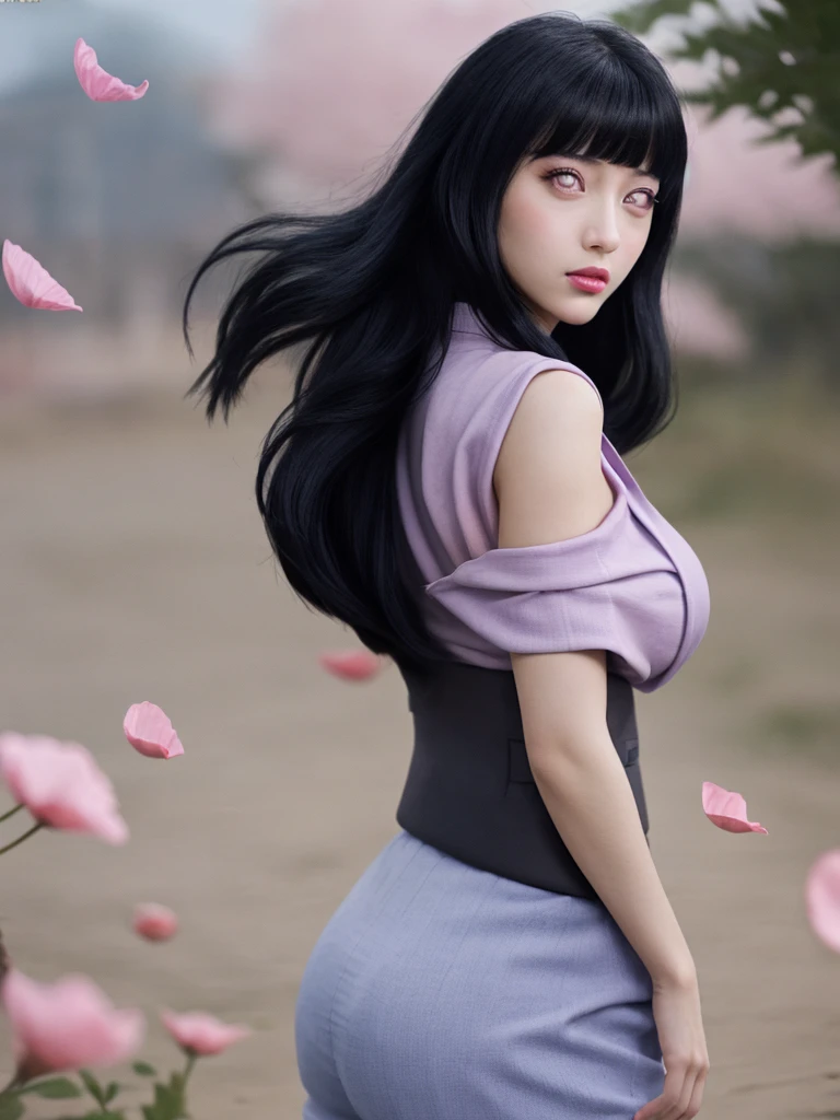 masterpiece, best quality, 1girl, looking at viewer, hinata\(shippuden\), parted lips, wind lift, bottomless, purple fabric ,blue black hair, long hair, purple eyes, solid eyes, big breast masterpiece, absurdres, hinata\(boruto\), 1girl, solo,mature female, off-shoulder oversized shirt, looking at viewer, (falling petals), perfect composition, detailed lips, big breast, beautiful face, body propotion, blush, (pink lips), long hair, purple eyes, soft gaze, super realistic, detailed, photoshoot, realistic face and body, back view