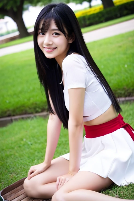 healthy:2.0、Black Hair、Straight long hair、Smiling、Beauty:1.9、A park surrounded by red azaleaini skirt length white dress:1.5、constricted:1.5、high resolution、masterpiece、8k、Beautiful Nature:1.5、Full Body Shot:1.5、Beautiful feet:1.9、Sitting、Exposed thighs、Front view、sexy:1.5、Thighs showing underwear、Japanese、