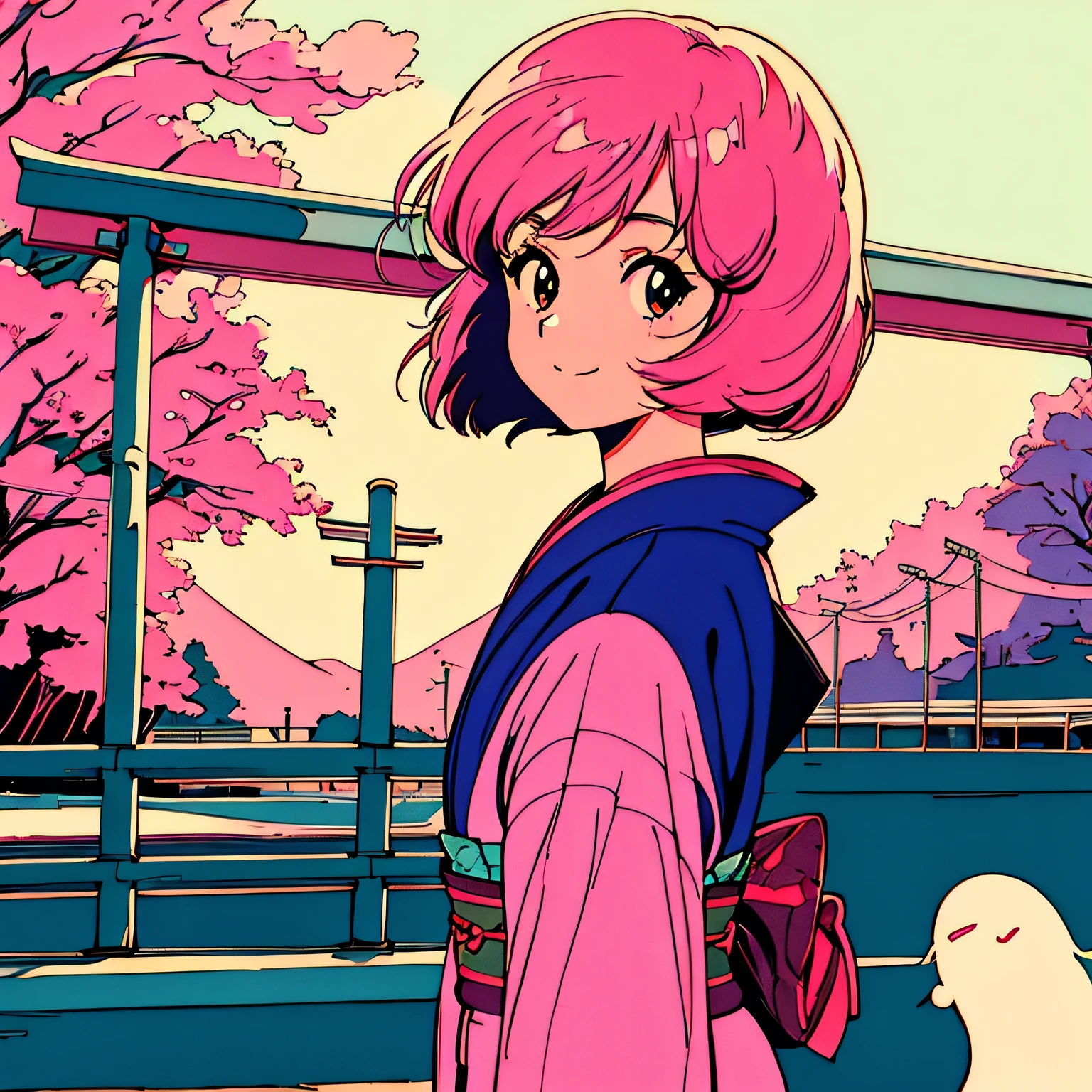 master piece, City Pop style, Pink Hair, fluffy bob cut, wearing headphones, shoulder length, alone, Futuristic, yet, lofi, retro, vintage, Ghost, light smile, cherry blossoms, ((kimono)), torii, Kyoto