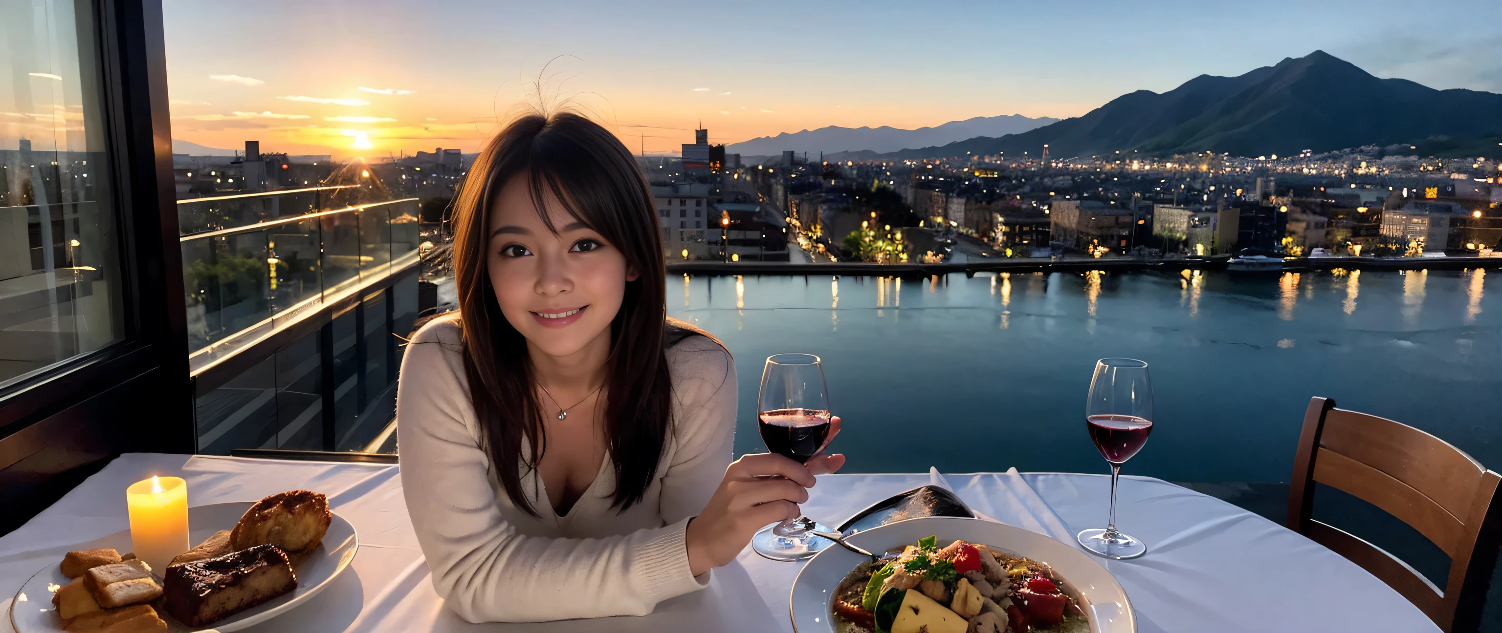 ((highest quality、8k、masterpiece:1.3))、Sharp focus:1.2、Beautiful woman perfect body:1.4、Slim body、((Bob Hale、Straight hair:1.2))、(to be born, highest quality, masterpiece:1.5), (Realistic, Intricate details:1.2), Ultra-high resolution, Please put light on my face、Amazing view of the sunset sky and clouds、Amazing mountain views、A bright smile、wine glass、red wine 、Appetizer、Italian food、Wine bottle、Champagne、sparkling wine、, Beautiful Face, blue eyes, The light shines on your face, Blushing, short hair,Bright Face、Fox face、 (36 years old), 39 years old, Lady、Two beauties、Brown Hair、Shortcuts、Long sleeve shirt、dress、Pretty Woman 1, (Slim face), (The body is slim), (Brown Hair), (Shortcuts), cheeks turn a little red,Attractive beauty、, Out of the window, A beautiful and detailed night view unfolds.........., restaurant, In a prominent place (From the waist up) Nova Frog Style, actress, model, Upper Body, White wine, slim, wine glass, A wine glass placed in the middle, smile, (smile: 1.15), Beautiful fine grain, Depth f/2,saturation, High Contrast, Strong light and shadow,Moist Body:1.5、3D texture、Delicate eyes、Brown Hair、The hair is very shiny、