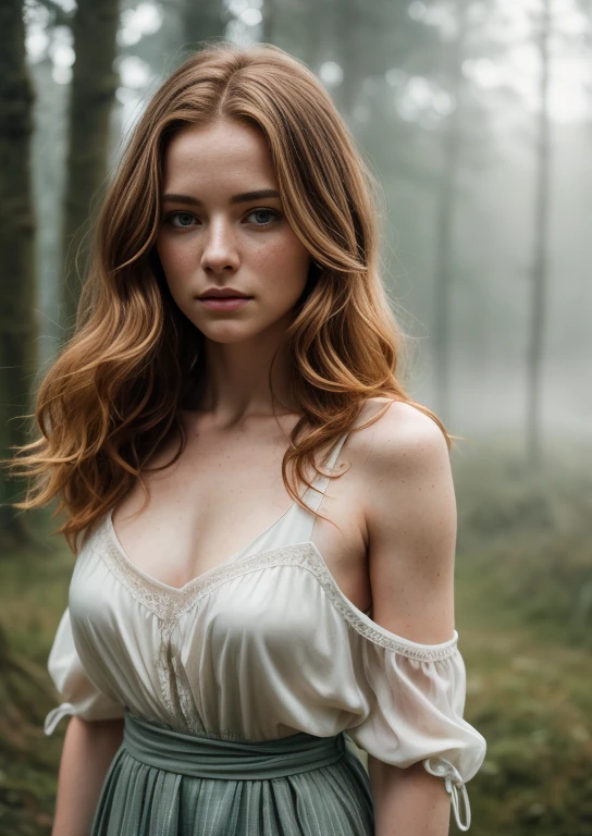 Craft a compelling AI-generated narrative that paints a picturesque scene of a captivating Irish 19 years old girl adorned in traditional Irish clothing, walking with grace beneath the rain in the enchanting Connemara moor. Infuse the prompt with details that capture the essence of her attire, the rhythmic patter of raindrops, and the seamless blend of her presence with the lush, misty landscape, creating a timeless and evocative visual experience, Aesthetic artwork, irish, wavy ginger hair, shoulder length hair, hair in the wind, gray eyes, light grey eyes, pale skin, freckles, A-cup, small breasts, runners body, (textured skin, skin pores:1.1), goosebumps, (extremely detailed 8k wallpaper), natural lighting, high quality, film grain, Fujifilm XT3 sharp focus, f 5.6, 50mm, High Detail, Sharp focus, crazy details, complex details, hyperdetailed,