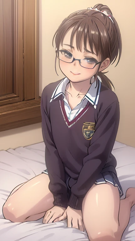 ((masterpiece)),((highest quality)),((Anatomical)),((Realistic)),((Detailed Description)),((cute)),((((bedroom)))),(((One ))),((Beautiful eyes)),(((ponytail))),((Baby Face)e)),((Bewitching Smile)),(((school uniform))),(((Glasses))),Full body view,