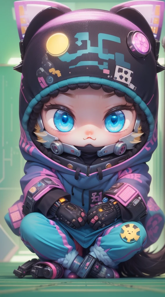 Create a vibrant dark fantasy cute ninja cat in a minimalist cartoon style., Octane render, 8K. hand holding a cherry. (Super Sonic cyberpunk), (blue), (Cute cartoon, CuteCartoonAF. | Masterpiece in maximum resolution 16K. | (cute cartoon style). | front view (loner, charming) , (meditating in a spacious Japanese pavilion), ( wear a fashionable hoodie), ((mechanical cyberpunk)). |(((soft smile, looking at the viewer))), (bright blue eyes).