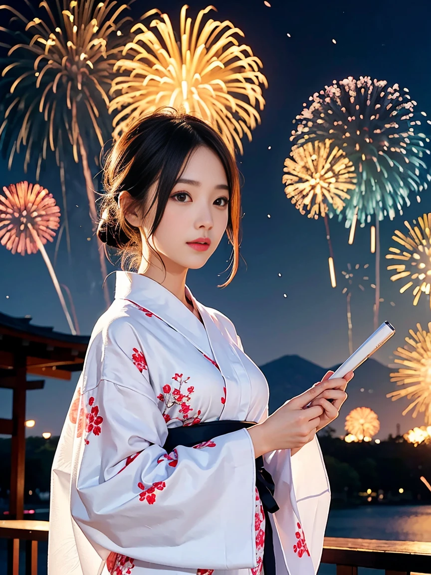 Beautiful woman。yukata。firework