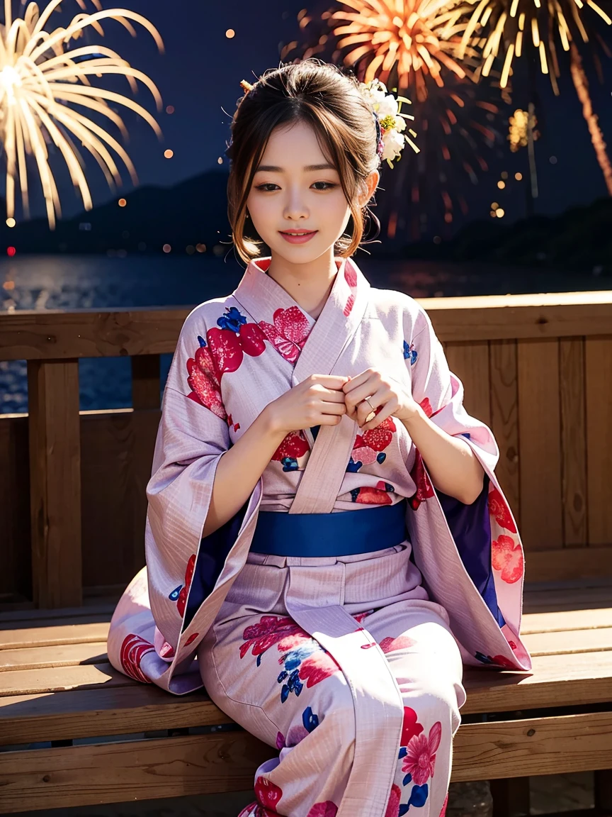Beautiful woman。yukata。firework
