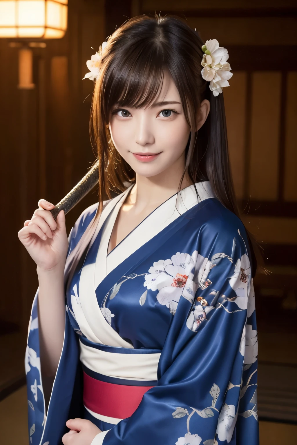 (RAW Shot: 1.5, Photorealistic: 1.5, 8k, Top Quality, Masterpiece, Ultra High Resolution), Japan, Magic and Sword World, Perfect Dynamic Composition: 1.2, Mysterious: 1.3, Detailed Skin and Face Texture: 1.3, Cute Slim Female Samurai, Aesthetic and Beautiful: 1.2, Cute and sexy beauty, perfect style, wearing elaborate rings, holding a Japanese sword: 1. 1, fire, water, wind, lightning, ice, beautiful skin, very beautiful face, (shy smile, expression when feeling intense caress, expression when feeling pleasure), (wearing kimono: 1.1,), (beautiful blue eyes, beautiful erotic eyes: 0 .8), (too erotic: 0.9, bewitching: 0.9), (randam fighting pose, full body tattoo, night, bewitching lighting)