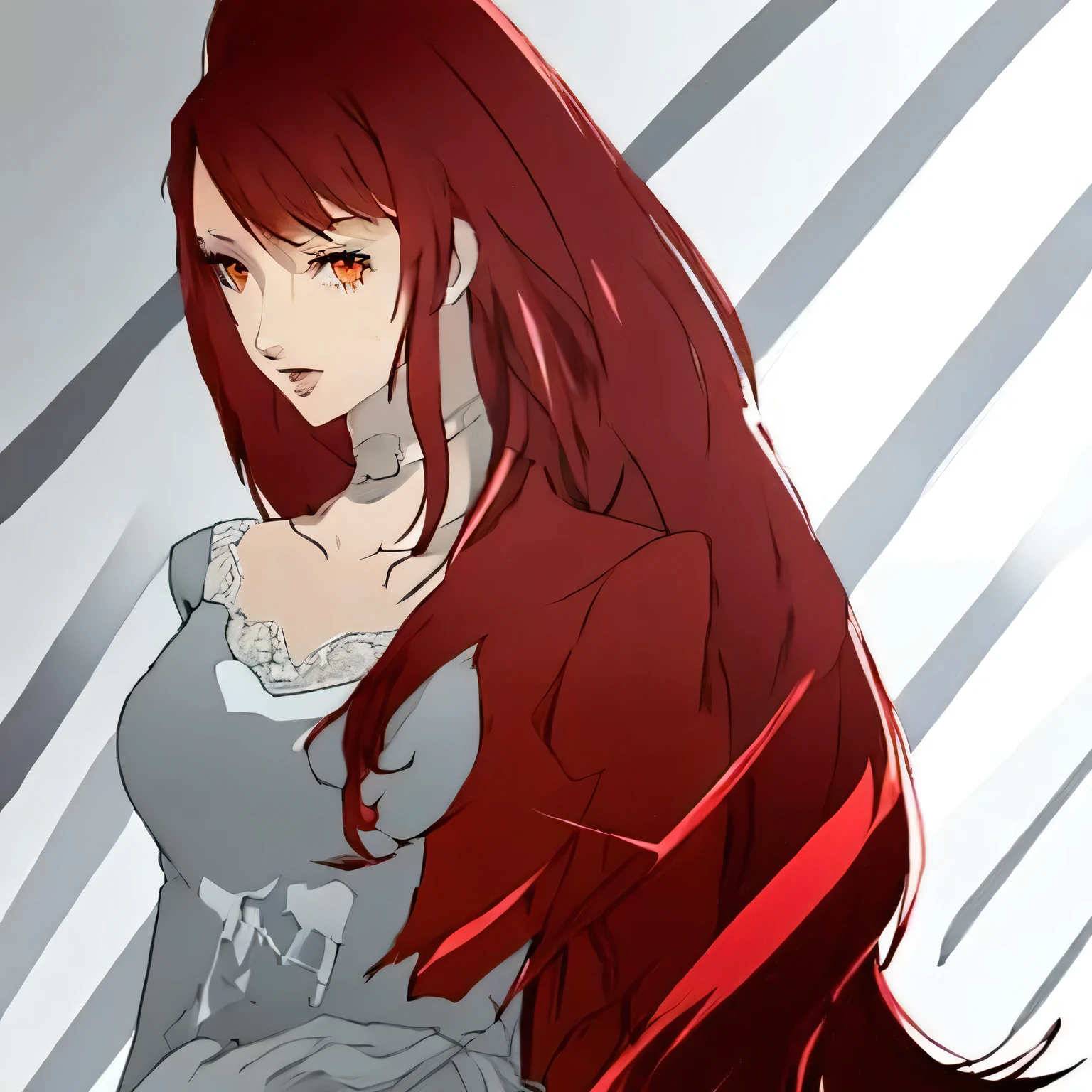 anime girl aux cheveux roux and a white dress standing in front of a striped wall, Erza Scarlet en tant que vraie personne, makise kurisu, kurisu made, maquillage gremory, elle a les cheveux roux, kurisu made steins gate anime, aux cheveux roux, avec de longs cheveux roux, belle femme animée, made with the painter&#39;s studio&#39;anime