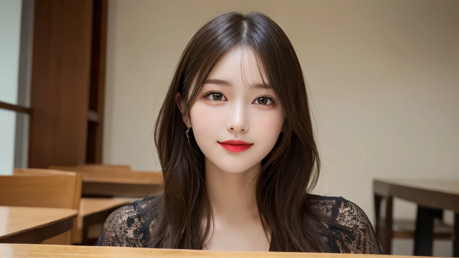 on the table, best quality, shape, Ultra Detailed, Finely, high resolution, 8k wallpaper, 完璧なダイナミックな構shape, Beautiful and delicate eyes, Medium Length Hair, Small Breasts, Natural lipstick, Casual sexy pose,Smile,20 year old girl、midnight、Beautiful and detailed face、Perfect beautiful face,big eyes、original photo、Use the whole body to express the feminine posture、Beautiful and delicate eyes、Small face、Beautiful duplex、Facelift and style,skirt、Beautiful golden ratio face,Long hair