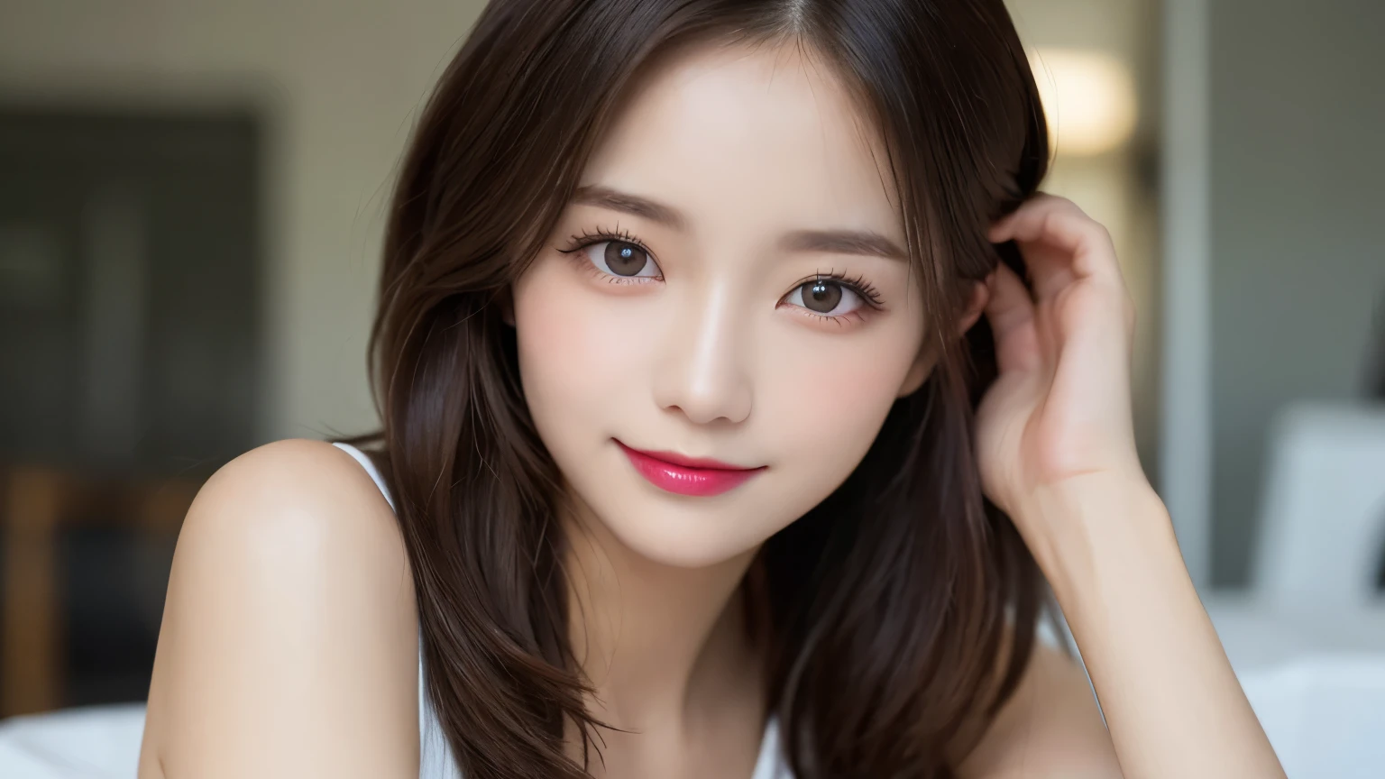 on the table, best quality, shape, Ultra Detailed, Finely, high resolution, 8k wallpaper, 完璧なダイナミックな構shape, Beautiful and delicate eyes, Medium Length Hair, Small Breasts, Natural lipstick, Casual sexy pose,Smile,20 year old girl、midnight、Beautiful and detailed face、Perfect beautiful face,big eyes、original photo、Use the whole body to express the feminine posture、Beautiful and delicate eyes、Small face、Beautiful duplex、Facelift and style,skirt、Beautiful golden ratio face,Long hair
