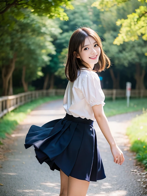 Realistic photo quality、20 year old Japanese model、Idol、Blur the background a lot、 One beautiful woman、Cute Smile、Frilled dresini skirt、Hands, feet and beautiful face of a person、The whole body of the person、forest path、looking at the camera、Sprinting towards here、short hair、Brunette Hair、View the photographer