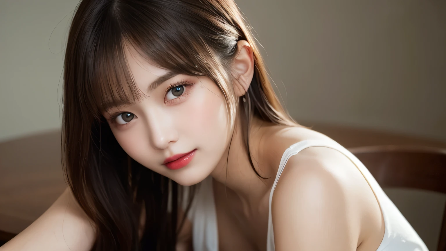 On the table, best quality, shape, Ultra Detailed, Finely, high resolution, 8k wallpaper, 完璧なダイナミックな構shape, Beautiful and delicate eyes, Medium Length Hair, Small Breasts, Natural lipstick, Casual sexy pose,Smile,20 year old girl、midnight、Beautiful and detailed face、Perfect beautiful face,big eyes、original photo、Expressing female posture using the whole body、Beautiful and delicate eyes、Small face、Beautiful duplex、Facelift and style,skirt、Beautiful golden ratio face,Double ponytail hairstyle