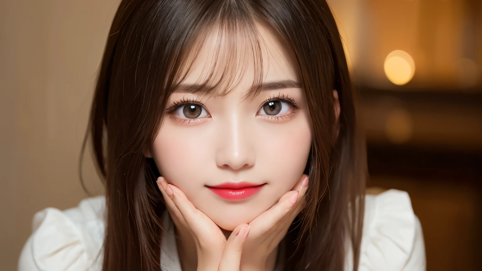 On the table, best quality, shape, Ultra Detailed, Finely, high resolution, 8k wallpaper, 完璧なダイナミックな構shape, Beautiful and delicate eyes, Medium Length Hair, Small Breasts, Natural lipstick, Casual sexy pose,Smile,20 year old girl、midnight、Beautiful and detailed face、Perfect beautiful face,big eyes、original photo、Expressing female posture using the whole body、Beautiful and delicate eyes、Small face、Beautiful duplex、Facelift and style,skirt、Beautiful golden ratio face,Double ponytail hairstyle
