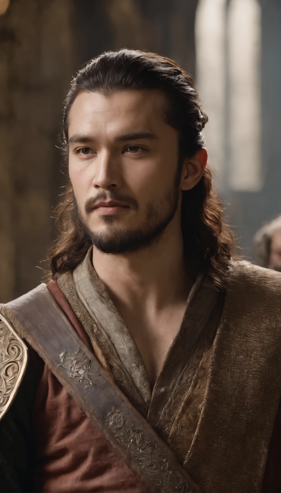 with high definition images,A scene from the movie King Arthur,A full-body portrait of a 30-year-old male character emerges within a bronze frame。Dark brown soulful eyes、Looks great on light skin tones、With an unwavering, cheerful expression。His curly brown hair、In all its glory、It frames a generous, plump complexion.。A leafy beard adorns his pronounced jawline.、It adds a masculine touch to his features.。Hall of the Dwarf King々The characters wearing costumes、He wears intricately detailed clothing adorned with splashes of vibrant color reminiscent of Arthurian legend