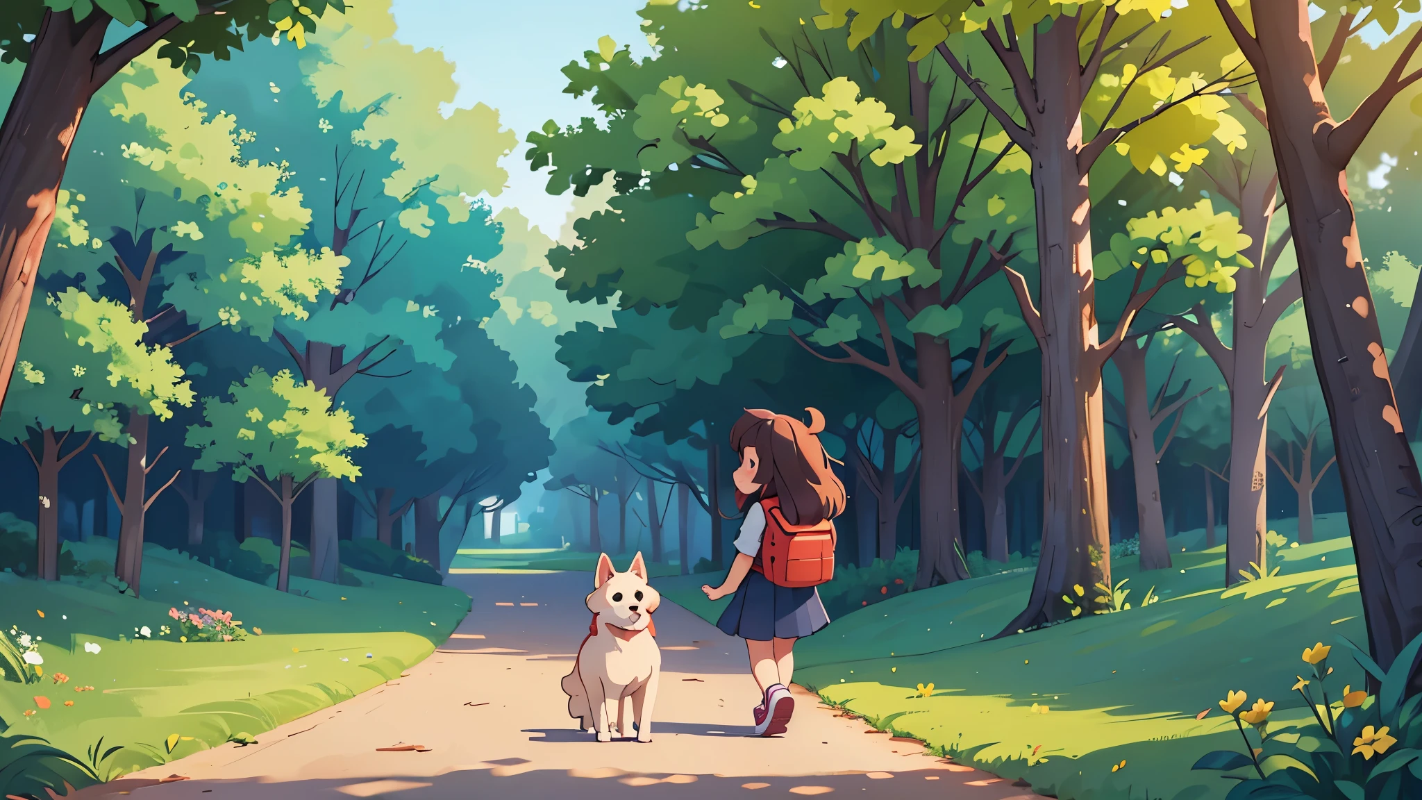 (a girl:1.1,walking back home:1.1,outdoor:0.9,nature) after school [beautiful long hair, , backpack], [a small town:0.9, peaceful], [trees, flowers], [bright sunlight:1.1], [warm colors], [a cute dog], [smiling face]. (best quality,4k,highres:1.2), vivid colors, soft lighting.