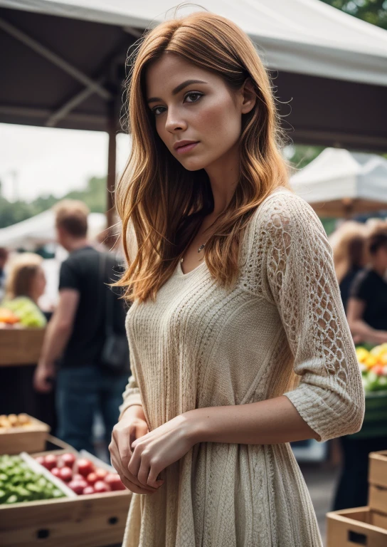 full body of a european woman, ginger hair, farmers market outside, natural skin texture, 24mm, 4k textures, soft cinematic light, RAW photo, photorealism, photorealistic, intricate, elegant, highly detailed, sharp focus, ((((cinematic look)))), soothing tones, insane details, intricate details, hyperdetailed, low contrast, soft cinematic light, dim colors, exposure blend, hdr, faded