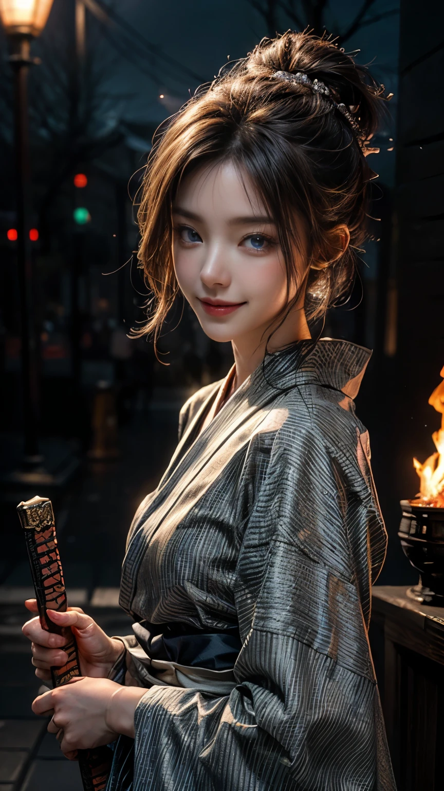 (RAW Shot: 1.5, Photorealistic: 1.5, 8k, Top Quality, Masterpiece, Ultra High Resolution), Japan, Magic and Sword World, Perfect Dynamic Composition: 1.2, Mysterious: 1.3, Detailed Skin and Face Texture: 1.3, Cute Slim Female Samurai, Aesthetic and Beautiful: 1.2, Cute and sexy beauty, perfect style, wearing elaborate rings, holding a Japanese sword: 1. 1, fire, water, wind, lightning, ice, beautiful skin, very beautiful face, (shy smile, expression when feeling intense caress, expression when feeling pleasure), (wearing kimono: 1.1,), (beautiful blue eyes, beautiful erotic eyes: 0 .8), (too erotic: 0.9, bewitching: 0.9), (closeup shot, full body tattoo, night, bewitching lighting)