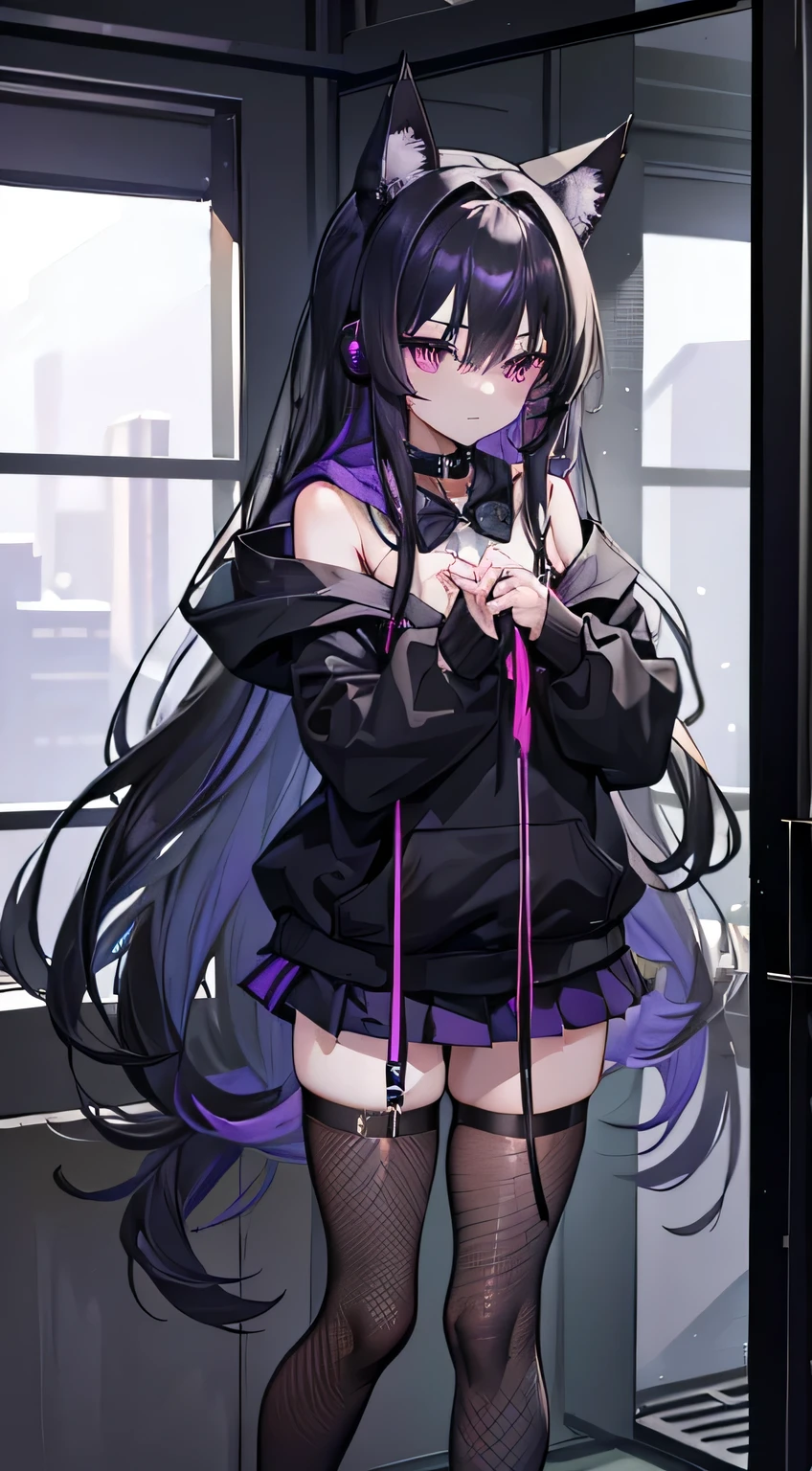 high quality, masterpiece, Very detailed,Long Hair, beautiful girl,Black Hair,Purple eyes,chest,Shoulder Bare,Black hoodie,Short skirt,Black fishnet stockings,headphone,Black cat ears,Jail,Solitary confinement