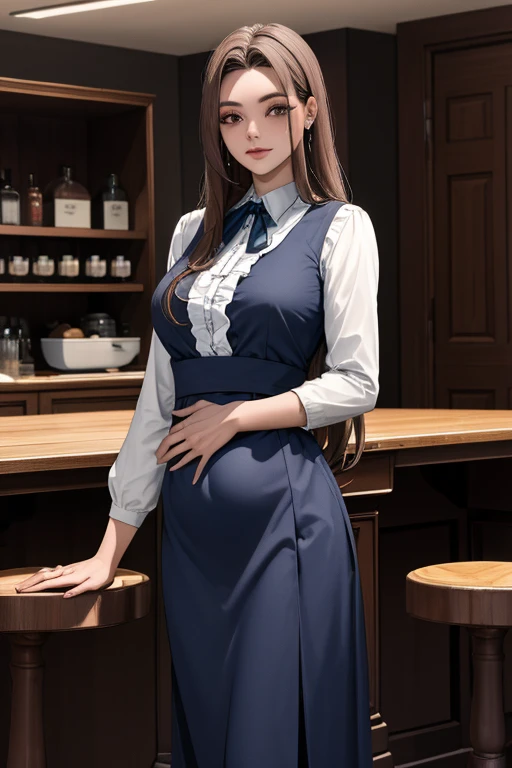 obra de arte, melhor qualidade, high resolution, conto de fadas, 1 garota, Cabelo longo, cabelo vermelho, olhos castanhos, neck ribbon, Ombros nus, roupa de empregada , cabelo sobre um olho, tiro de vaqueiro, standing,dentro de casa,cafeteria