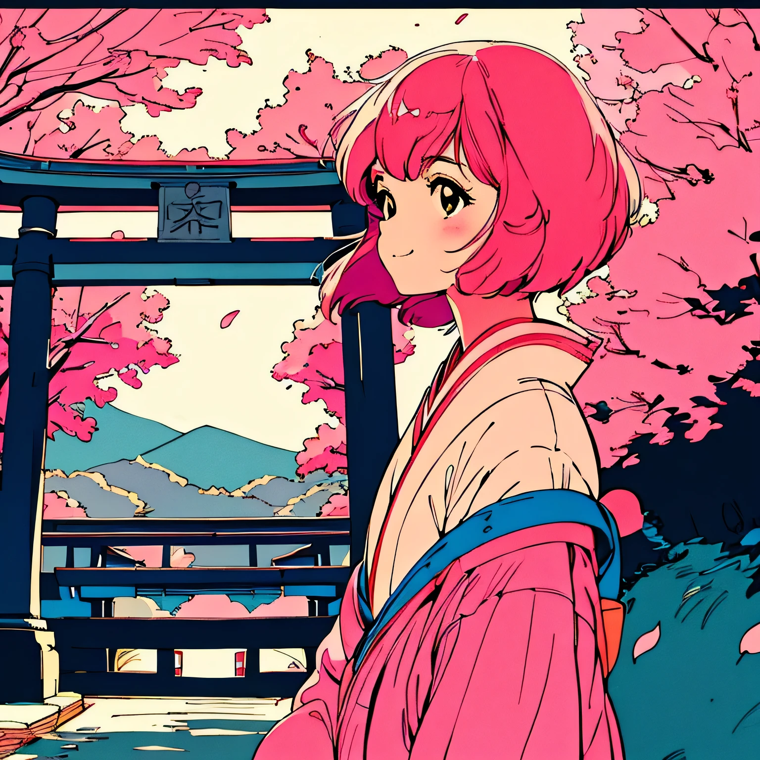 master piece, City Pop style, Pink Hair, fluffy bob cut, wearing headphones, shoulder length, alone, Futuristic, yet, lofi, retro, vintage, Ghost, light smile, cherry blossoms, ((kimono)), torii, Kyoto, looking away