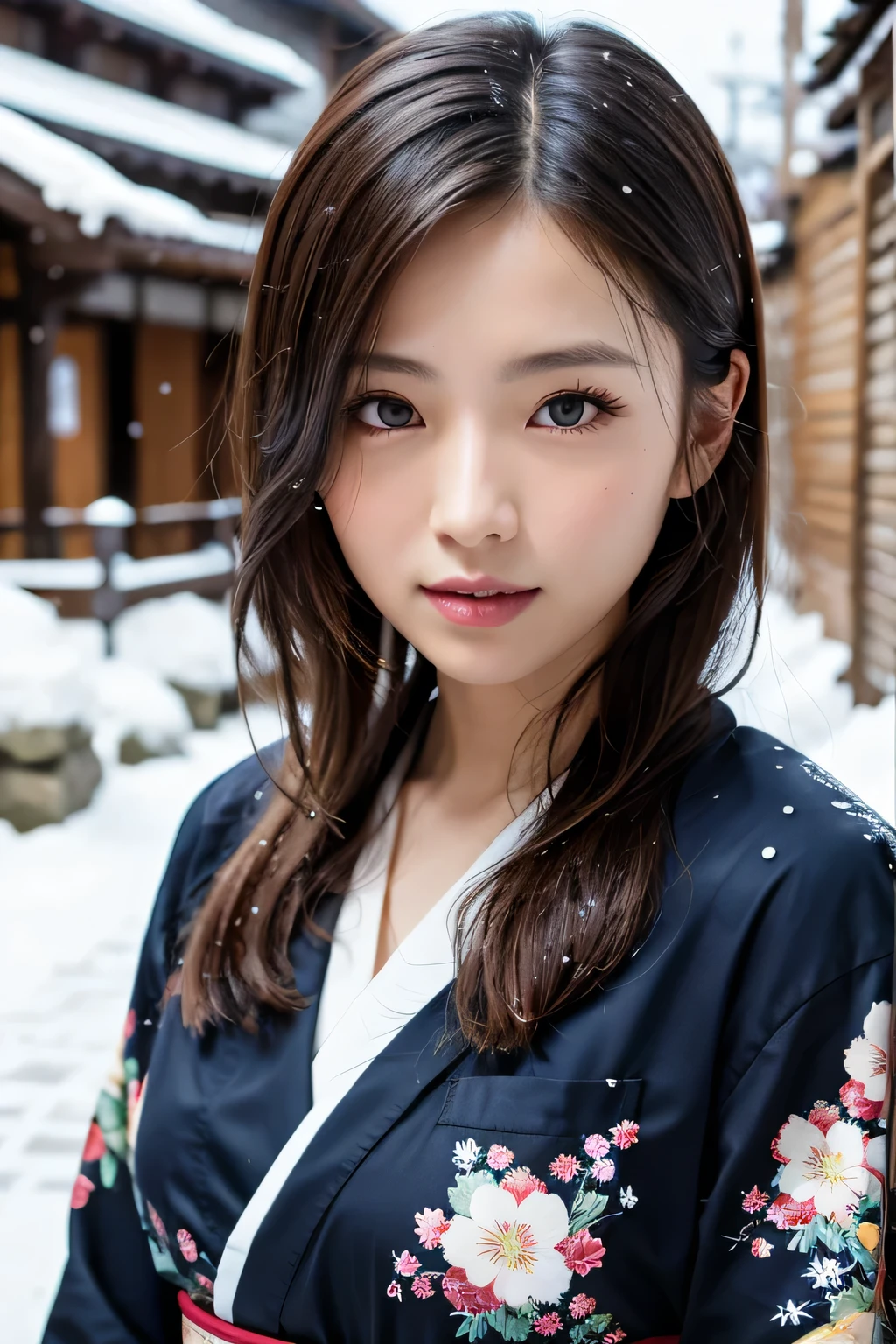 Hot Spring Village in Japan, snowy landscape,
(falling snow:1.2), A beautiful Japanese girl in a brilliant Kimono, solo, masterpiece, Best Quality, 8K, 32K, (UHD:1.2), (Photorealistic:1.4), full figure, entire body in frame, Japanese Idol, Extremely cute, elegant, voluptuous, parted lips, cinematic composition, professional warm lighting and shading, extremely detailed eyes and face, eyes with beautiful details, insanely detailed realistic skin texture, (correct body balance, accurate hands, accurate eyes)