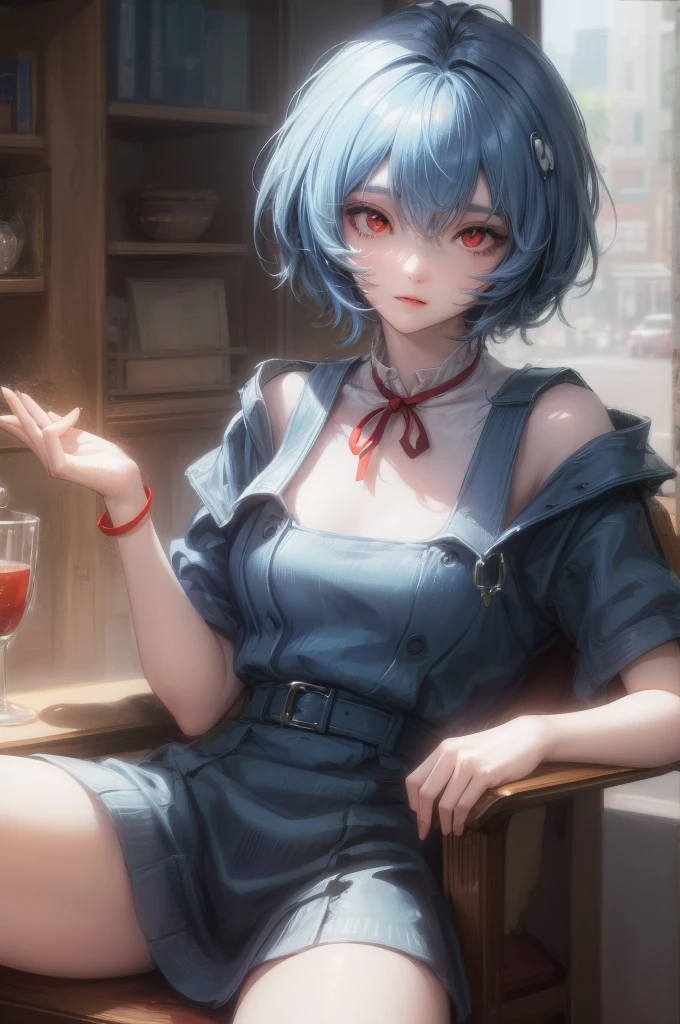 1 GIRL, reiayanami, rei ayanami, blue hair, short hair, (red eyes:1.5), ultra realistic, REALISTIC, Ultra detailed, More detailed, Japan city scenaries, Random scenaries japan, BREAK blue dress, dress, neck ribbon, pinafore dress, red ribbon, ribbon, , short sleeves, short-sleeved sweater, sweater, BREAK outdoors, city, BREAK looking at viewer, BREAK (masterpiece:1.2), best quality, high resolution, unity 8k wallpaper, (illustration:0.8), (beautiful detailed eyes:1.6), extremely detailed face, perfect lighting, extremely detailed CG, (perfect hands, perfect anatomy),