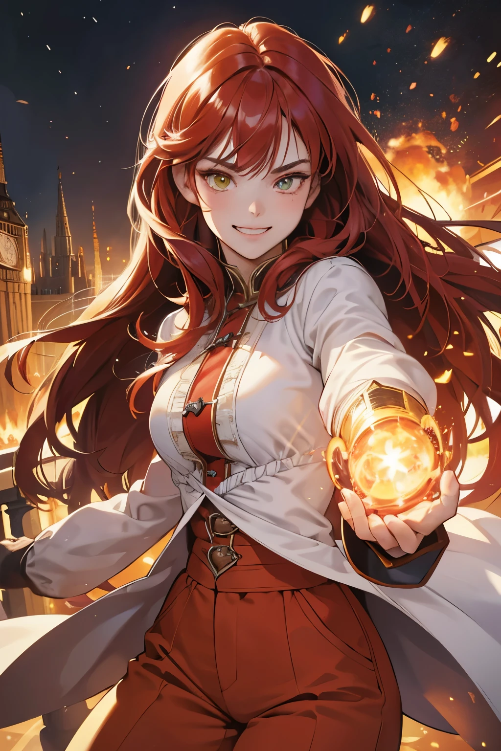 (absurdres, highres, ultra detailed),Masterpiece,intricate details,Best quality,8k,Realistic face,anime girl,Realistic skin texture,magnified textures, stunning clarity, ultra detailed eyes and faces,shiny red hair, long hair, glowing yellow eyes,(smugness:1.5),oversized clothes,chino pants,spelling magic,fighting pose,light particles,a lot of explosions,sparkling lights,blazing inferno,magic circle,18 century,london,from front, look at viewer