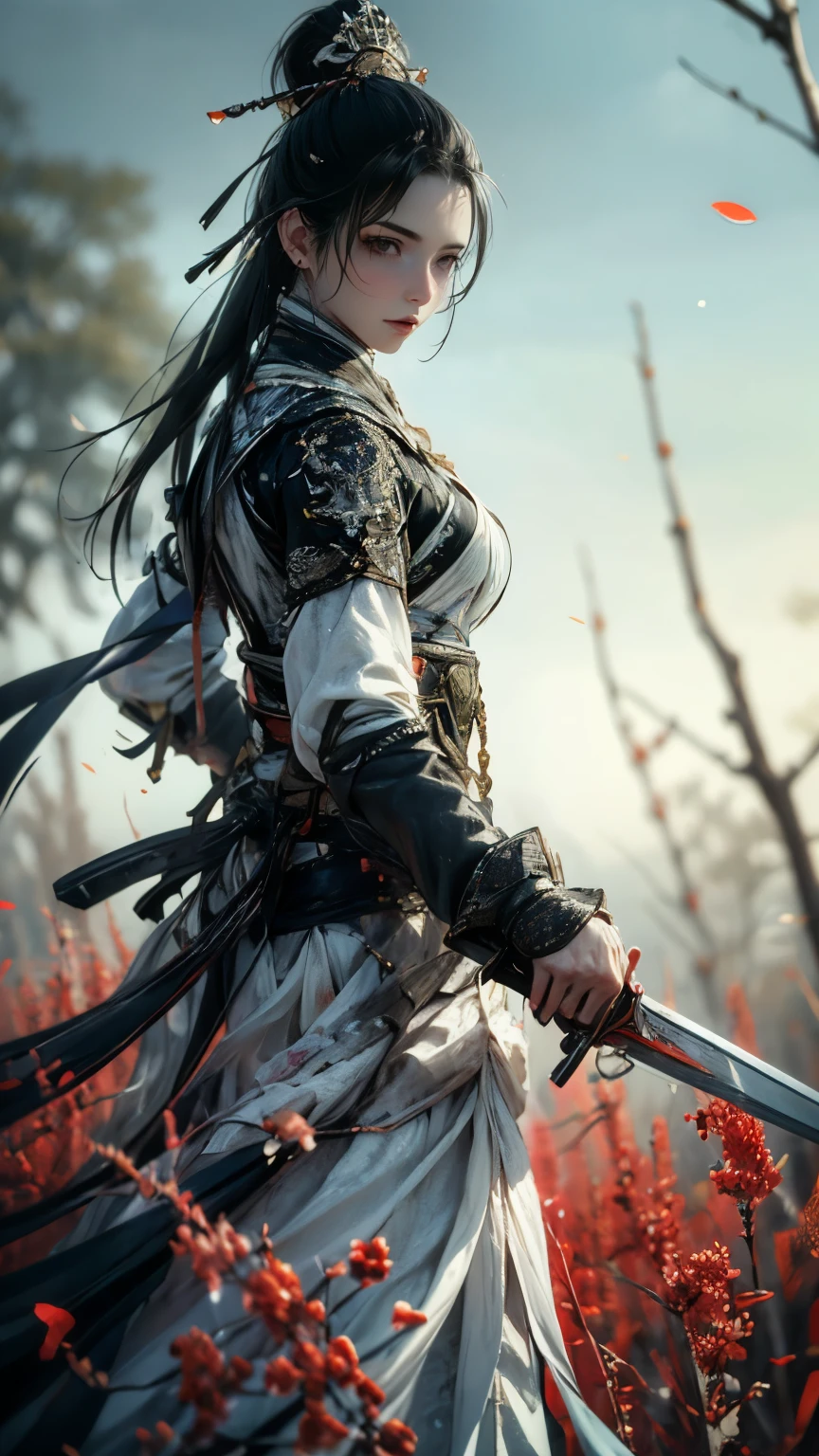 (In 8K，highest quality，masterpiece)，(Realistic，RAW Photos，Super Fine Clear)，Realistic Light，Detailed skin，Beautiful woman，((25-year-old female, Beautiful assassin:1.5)),Thin legs、fine grain，Long Hair, Detailed fingers、thin、Sexual，Ecstasy Facial Expressions,garden, Camellia,Flower Storm, Super big , Bouncy and firm bust