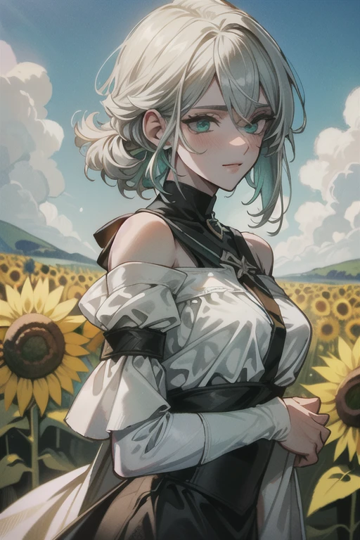 ((ultra detalhado, obra de arte, melhor qualidade))
 W3Ciri, 1 garota, Sozinho, cabelo branco, olhos verdes, cicatriz no rosto, surrounded by sunflowers in a bright field, sorridente, feliz