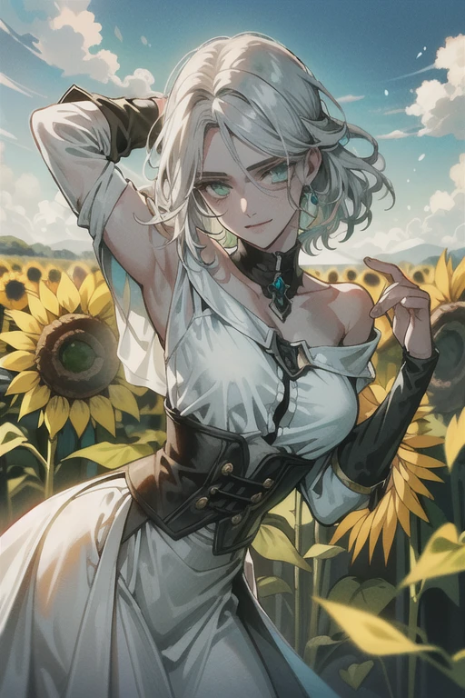 ((ultra detalhado, obra de arte, melhor qualidade))
 W3Ciri, 1 garota, Sozinho, cabelo branco, olhos verdes, cicatriz no rosto, surrounded by sunflowers in a bright field, sorridente, feliz