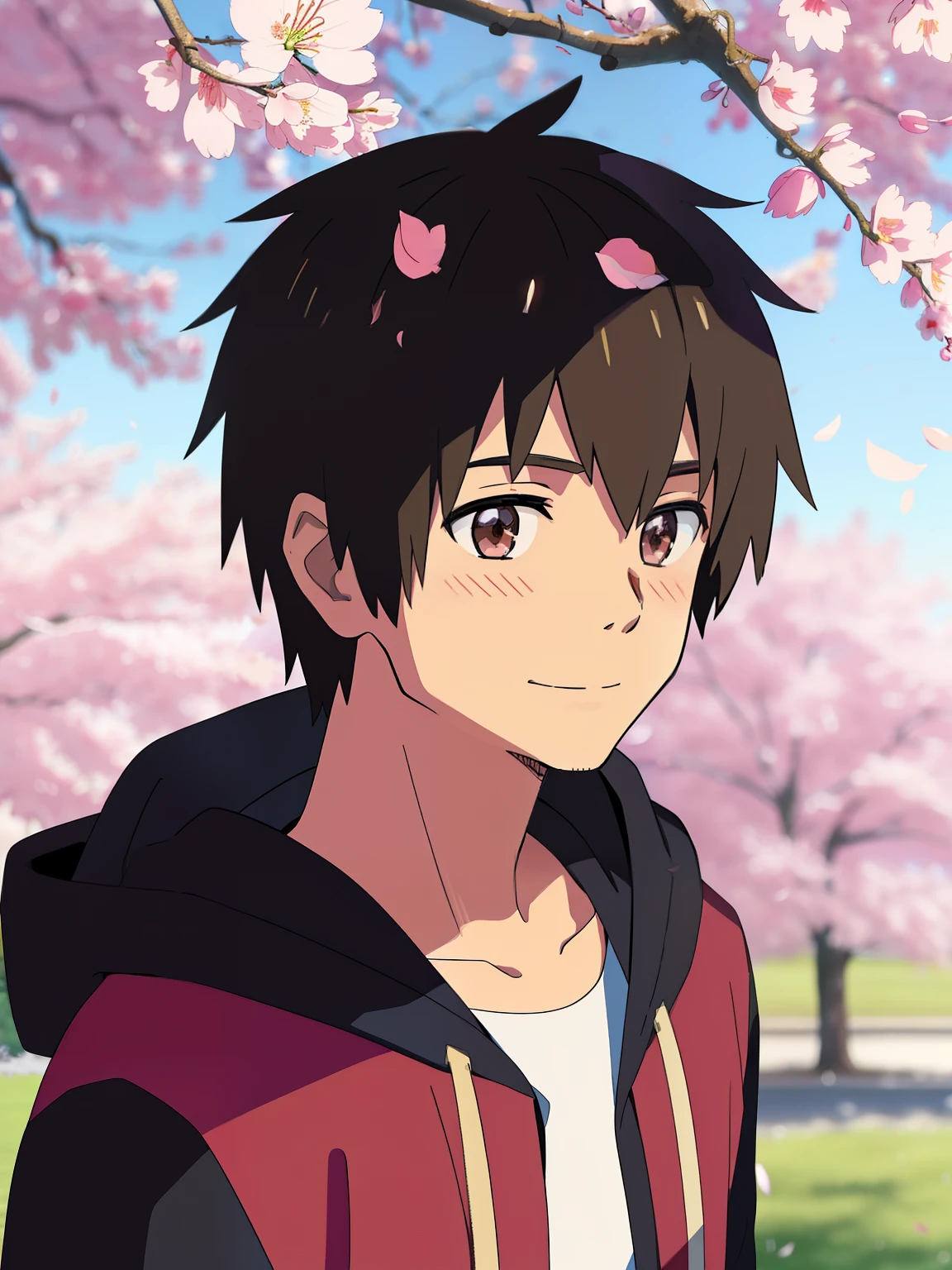 Highres, Masterpiece, Best quality at best,Best Quality,hight quality, hight detailed, 1boy, shinkai makoto, kimi no na wa, 1boy, Taki, (boy wear hood, hoodie), blush, brown eyes, smile, cute, looking at the viewer, cherry_blossoms, falling_petals, petals, branch, pink_flower, sky, sunlight, spring_season, wind, tree, upper body