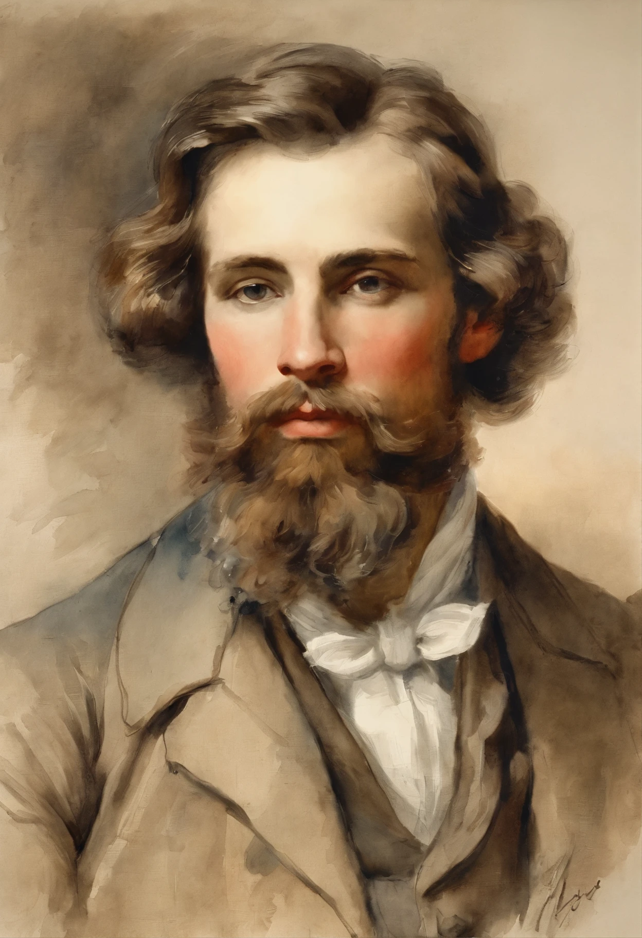 Young man painting,19th century,composer,Bearded Man,Long Hair,Handsome,Very crisp,Elaborate drawings,France