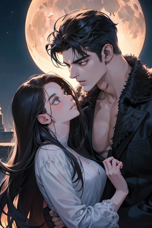 Teen Wolf, Male werewolf embracing a beautiful girl under the exquisite look of a moonlit night. His chiseled jawline and piercing eyes were illuminated by the soft light of the moon., The perfectly sculpted face casts interesting light and dark shadows.. With wise eyes, Werewolf in anime style, The surreal beauty of the girl&#39;s features. veryロマンチックな背景の真ん中に立っていた彼らは、Romance was radiating。. Every detail of their bodies and surroundings is meticulously depicted., Show high detail and sharp focus. (Photorealistic: 1.2), (very