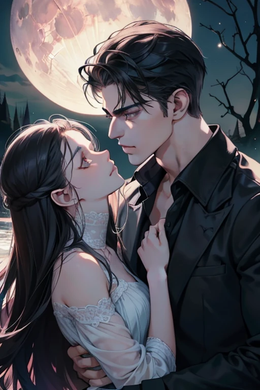 Wolf, Male werewolf embracing a beautiful girl under the exquisite look of a moonlit night. His chiseled jawline and piercing eyes were illuminated by the soft light of the moon., The perfectly sculpted face casts interesting light and dark shadows.. With wise eyes, Werewolf in anime style, The surreal beauty of the girl's features. veryロマンチックな背景の真ん中に立っていた彼らは、Romance was radiating。. Every detail of their bodies and surroundings is meticulously depicted., Show high detail and sharp focus. (Photorealistic: 1.2), (very